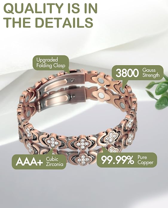 Zulfio® Copper Bracelets for Women. Pure Copper Magnetic Bracelet with 3800 Gauss Effective Magnets