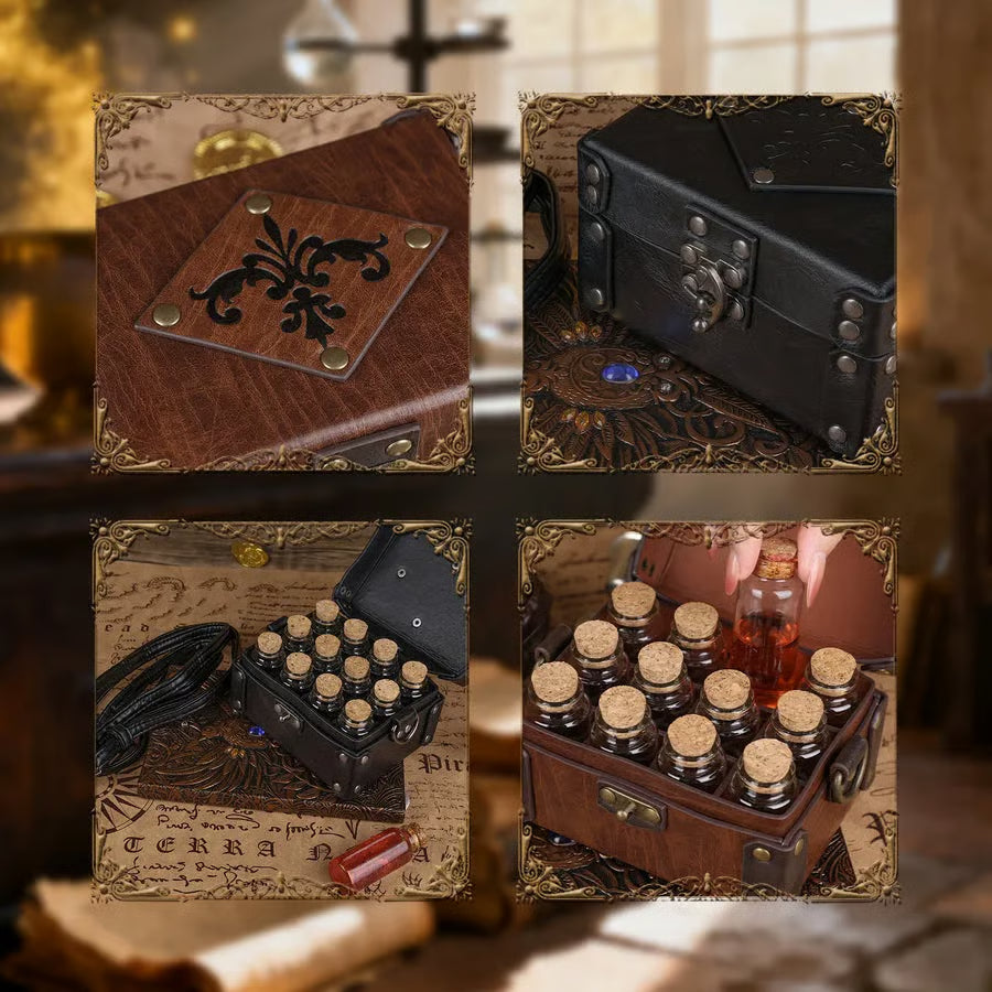 🔥LAST DAY 49% OFF - 🔮✨HiiFeuer Medieval Faux Leather Alchemy Box with 12 Cork Potion Vials
