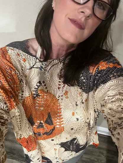 Women's Halloween Pumpkin Print Long Sleeve Knit Top
