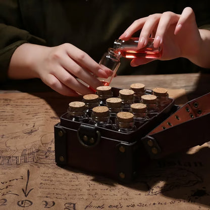🔥LAST DAY 49% OFF - 🔮✨HiiFeuer Medieval Faux Leather Alchemy Box with 12 Cork Potion Vials