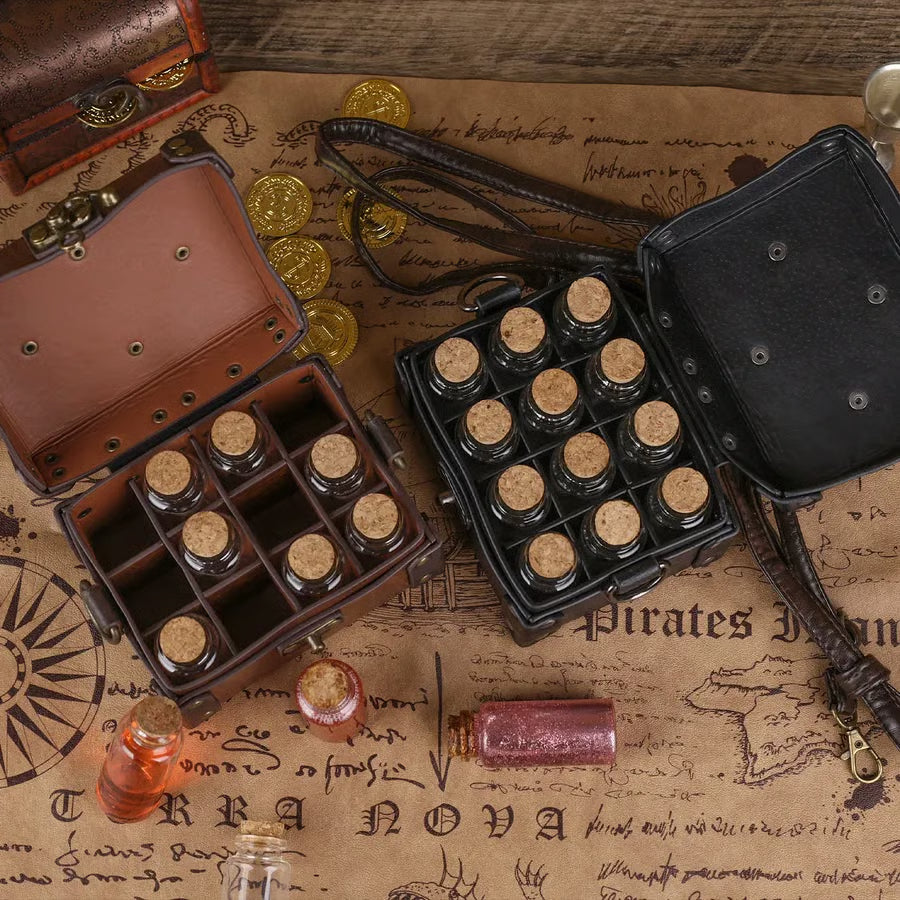 🔥LAST DAY 49% OFF - 🔮✨HiiFeuer Medieval Faux Leather Alchemy Box with 12 Cork Potion Vials