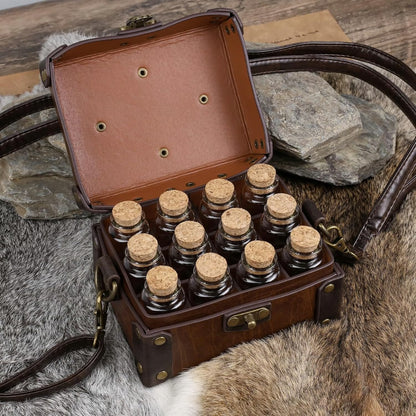 🔥LAST DAY 49% OFF - 🔮✨HiiFeuer Medieval Faux Leather Alchemy Box with 12 Cork Potion Vials