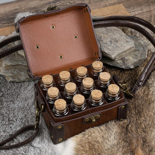 🔥LAST DAY 49% OFF - 🔮✨HiiFeuer Medieval Faux Leather Alchemy Box with 12 Cork Potion Vials