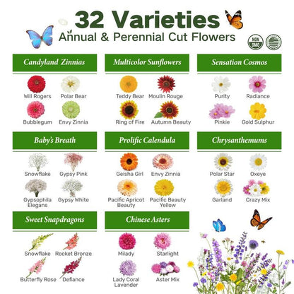 All-in-One Cut Flower Garden Seed Bank- 32 Organic Varieties for All Seasons -